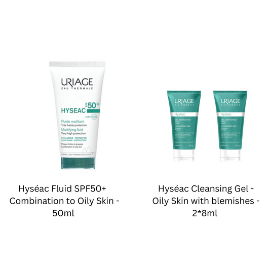Uriage Hyséac Fluid SPF50+   Combination to Oily Skin - 50ml + FREE  Hyséac Cleansing Gel - Oily Skin with blemishes - 2*8ml
