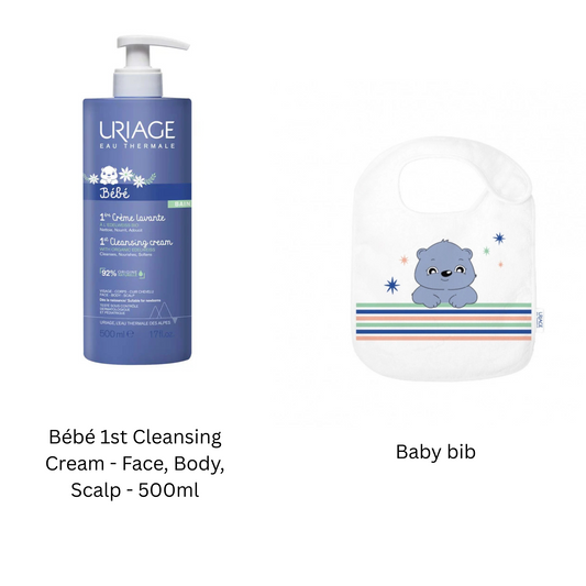 Uriage Bébé 1st Cleansing Cream - Face, Body, Scalp - 500ml + FREE  BABY BIB
